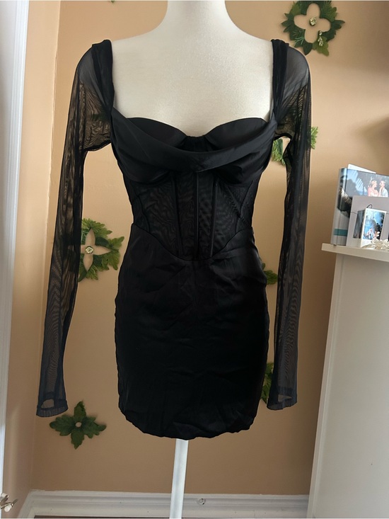 Oh Polly Dresses & Skirts - Sleek Black Mesh Sleeve Corset Mini Dress